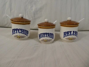 Vintage Condiment Crock Style Mustard Relish Ketchup w/ Spoons Japan MCM Set - Picture 1 of 24