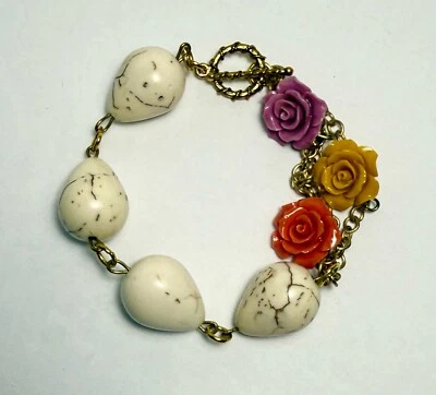 White Howlite Tear Drop Bracelet Coral Yellow Lilac Resin Rose Beads Gold Chain - Image 1 of 4