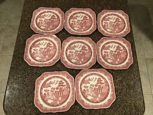 8-Red Willow Snack Set - Johnson Brothers England, Square Plate NO CUP PRISTINE - Picture 1 of 7