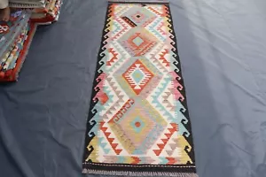 3x7 ft Blue Beige Pink Runner rug, Afghan Boho rug, Hallway Rug 7 ft Kitchen Rug - Picture 1 of 16