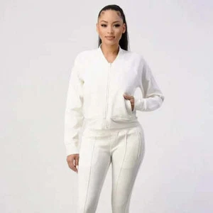 White 2 Piece Zip Up Outfits For Women's Sportswear Tracksuit Set With Pockets - Picture 1 of 3