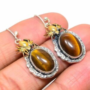 Yellow Tiger'S Eye Two Tone Spider 925 Sterling Silver Earring 1.6" S2683