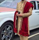 Mens Sherwani Groom Wedding Asian Indian Pakistani Outfit Set Red Gold
