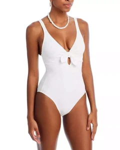 Robin Piccone Ava Plunge Neck Tie-Front One Piece Swimsuit Size 4 Color White - Picture 1 of 4