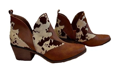Pierre Dumas *Wilder*Tan/Comb*Cow Print*Womens Booties*Size 9*EUC* - Image 1 of 4