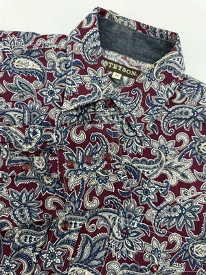Stetson Shirt Mens Medium Red Blue Paisley Pearl Snap Western Cowboy Long Sleeve - Image 1 of 4