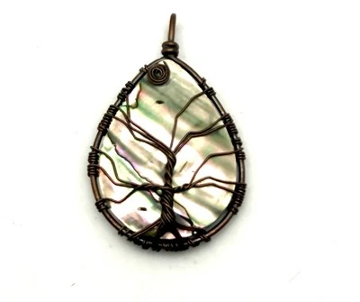 "Colgante lágrima árbol de la vida concha de abulón arco iris envuelto en alambre de cobre 2,25""" Foto 1 de 4