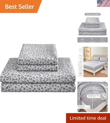 Sábanas de cama Queen de microfibra suave de lujo - Juego de 4 piezas con estampado de guepardo gris plateado Foto 1 de 4