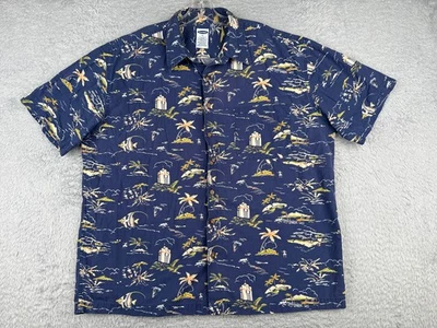 Camisa Antigua Azul Marino Hombres Extra Grande Azul Palma Surf Luau Algodón Hawaiano Botón LEER Foto 1 de 4