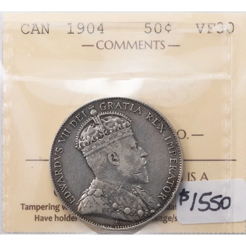 Canada 1904 50 Cents Half Dollar Silver Coin - ICCS VF-30 Cover