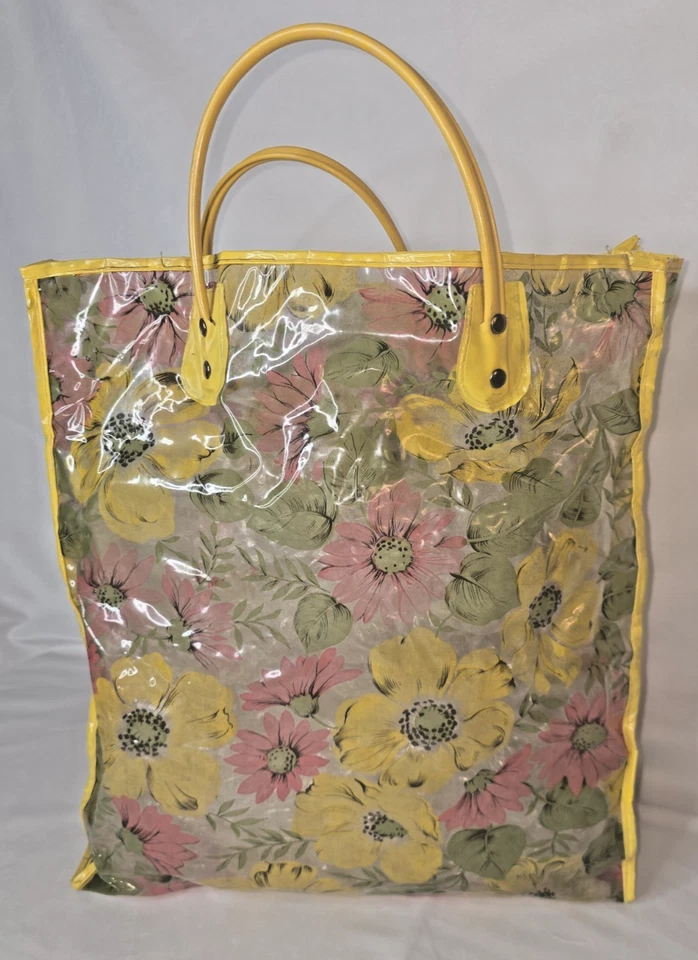 Vtg Retro 60's-70's Vinyl Beach Bag Tote Handbag Yellow a Pink Floral  - Image 1 of 4
