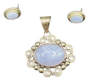 Blue Lace Agate Pendant Stud Earrings Set Marbled Stone 925 Sterling Silver CII - Picture 1 of 13