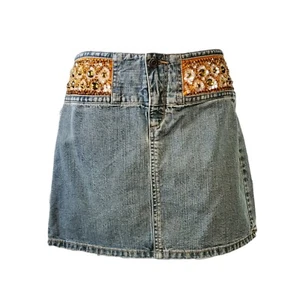 Y2K Bedazzled Denim Minirock Express Damen Größe 3/4 Strass Pailletten Indie - Bild 1 von 4