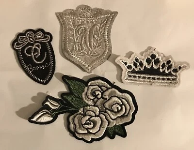 4 Embroidery Black White Grey Sew On Patches Patch Applique Crown Rose Shield - Image 1 of 4