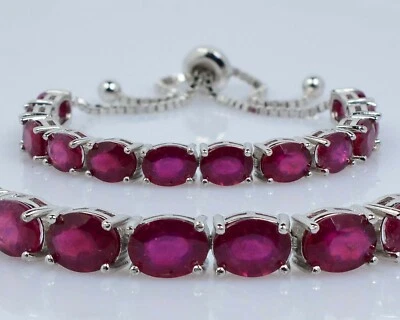 8x6 mm Oval Cut Natural Pink Ruby Gemstone 925 Sterling Silver Chain Bracelet  - Image 1 of 4