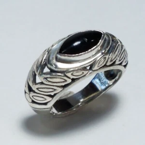 Sterling Silver Domed Ring Band Wide 925 Black Onyx Bali Leaves Size 6.5 Vintage - Picture 1 of 10