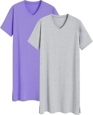 Paquete de 2 camisones de algodón hasta la rodilla cuello en V ropa de dormir manga corta para hombre Foto 1 de 4