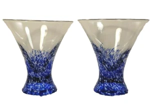Set of 2 Art Glass Cocktail Glasses Clear and Blue White Splatter Pattern 3.75'' - Picture 1 of 6