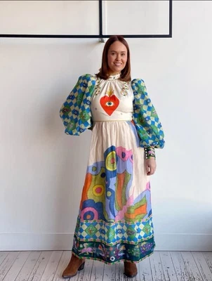 Платье миди макси Alemais Lou рукав с воздушным шаром размер AU 12 / США 8 со скольжением льняная смесь - Изображение 1 из 4