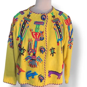 Cárdigan abstracto vintage años 90 Michael Simon Henri Bendel amarillo con cuentas grande  - Imagen 1 de 15