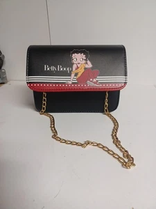 Betty Boop Purse Black W/ Red & White Stripes Polka Dots Gold Chain Strap  - Picture 1 of 5