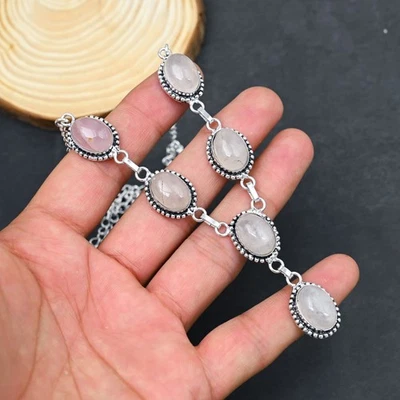 Quarzo Rosa Gemma Artigianale 925 Sterling Argento Gioielli Collana - Immagine 1 di 4