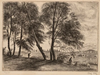 I. ELESDY (1912-1987), Kulturlandschaft mit Feldarbeitern,  1954, Radierung - Bild 1 von 4