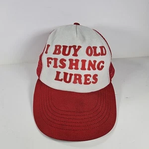 Vintage Snapback Trucker Hat Cap By Dal-Cap "I Buy Old Fishing Lures" White Red - Picture 1 of 10