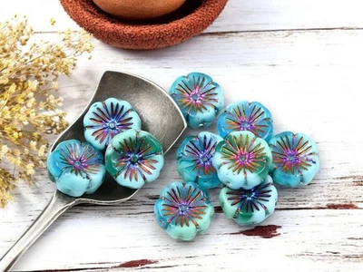 Cuentas de vidrio checo flor hawaiana turquesa azul volcán metálico de 14 mm 10 cuentas Foto 1 de 4