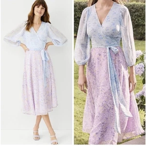 Ann Taylor Damen Blumen Wickelkleid 6 Blau Midi Boho Fee Cottagecore Romantisch - Bild 1 von 8