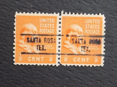 (1) USED PAIR OF U. S.  precan. stamps 1/2 C FRANKLIN W/A SANTA ROSA, TEXAS. PCF - Image 1 of 2