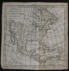 NORTH AMERICA 1750 VAUGONDY ANTIQUE ORIGINAL COPPER ENGRAVED MINIATURE MAP