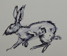 Small original pen & ink wash drawing sketch on paper of a hare