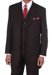 Men's 3pc Gangster Pin-Striped Three Button Suit 5903 w/ Vest Milano Moda - Picture 1 of 9