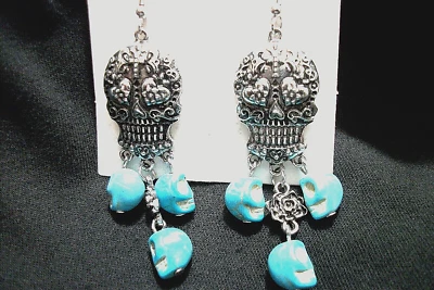 3" Sugar Skull Silver Tone Dangle Earrings with Turquoise Howlite Mini Skulls - Image 1 of 4