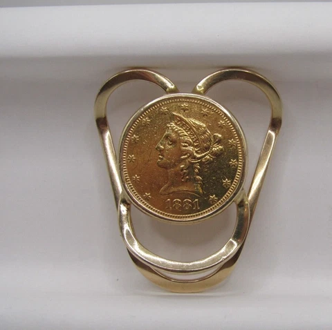 U.S. 10.00 GOLD  1881 LIBERTY HEAD COIN  ( EAGLE )  & 14 KT. GOLD MONEY CLIP* Cover