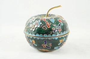 Vintage Cloisonne Metal Apple Fruit Stem Shape with Flowers Trinket Jewelry Box - Picture 1 of 12