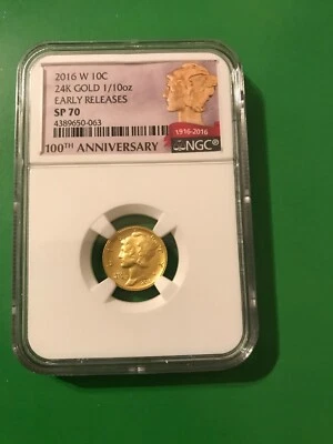 2016 W 10C 24k GOLD 1/10 oz MERCURY DIME NGC SP70 EARLY RELEASES - Image 1 of 4