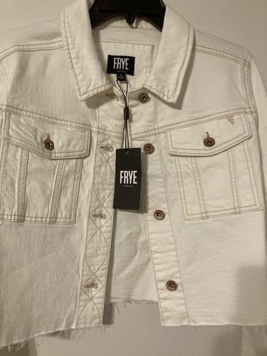 OFF WHITE Giacca Jean FRYE Donna Bianca Tagliata Grezzo Camicia Denim Taglia M Nuova con etichette