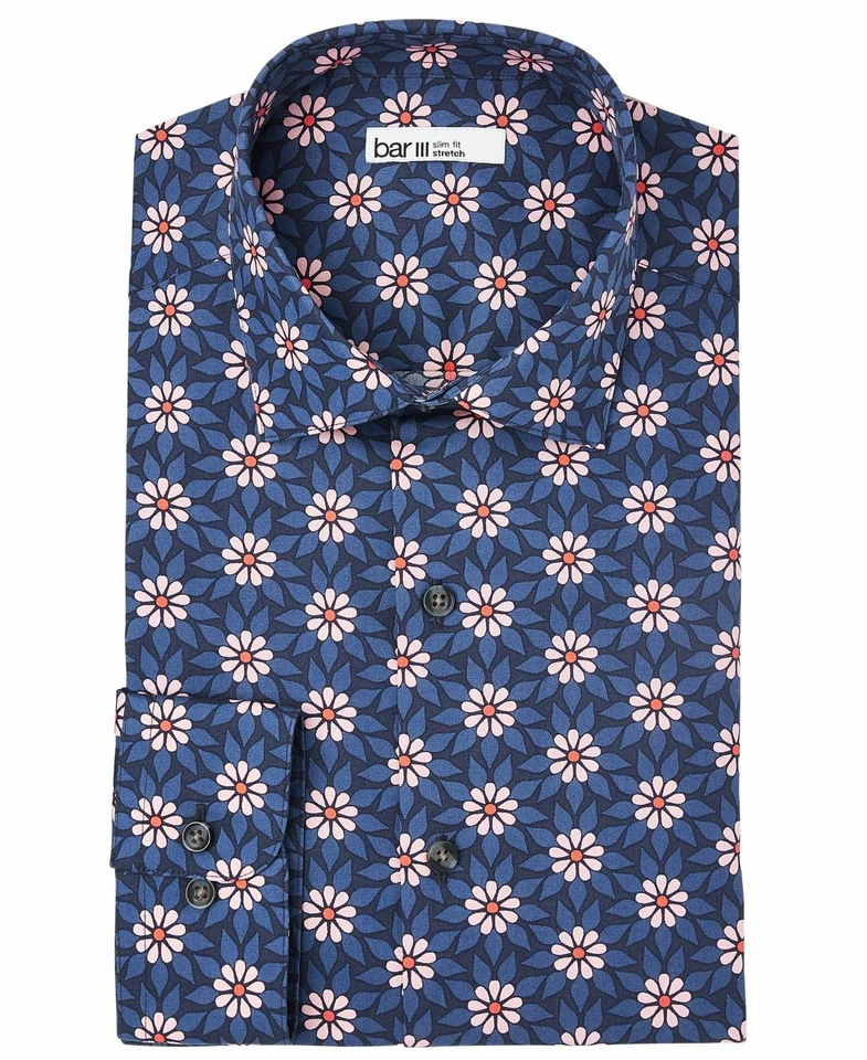 Camisa social masculina Bar III slim fit desempenho stretch retrô estampa margarida azul marinho GG - Imagem 1 de 4