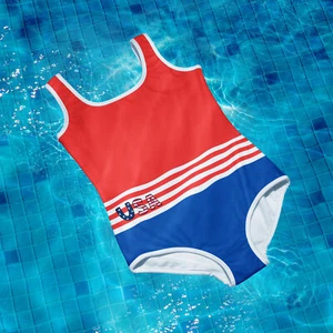 Red White Blue USA Girls Swimsuit A/O Print Youth Swimsuit One Piece Swimsuit - Picture 1 of 15