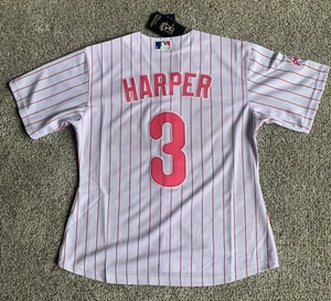 NWT Women’s Ladies Nike Bryce Harper Phillies Home Pink Pinstripe Jersey Large - Picture 1 of 5