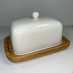 Plato ancho de mantequilla o queso de porcelana de calidad Ciroa moderno, con plato y base de bambú - Imagen 1 de 12