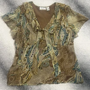 Y2K 100% Silk Top Fairy XL Green Brown Paisley Cottage Flowy NYC Design Co - Picture 1 of 13