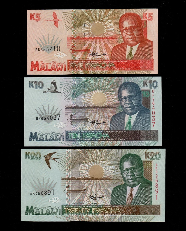 Malawi Set 5 10 20 Kwacha 1995 UNC P-30 31 32 Foto 1 de 1