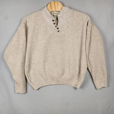 Vintage Eddie Bauer Sweater Mens Large Tall Oatmeal Knit Henley Made USA 90s - Image 1 of 4