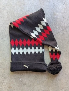 Vintage Puma Extra Long Knit Elf Pom Pom Beanie Hat Black Red Beige - Picture 1 of 4