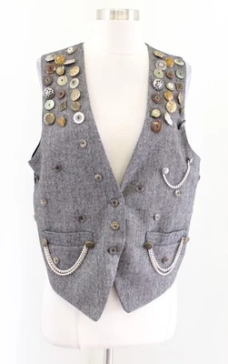 Chaleco Steampunk De Colección Años 90 Gris Negro Espiga Tweed Botón Adornado OS S M L Foto 1 de 4