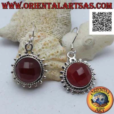 Orecchini Argento 925‰ a sole di corniola tonda sfaccettata e raggi in argento - Immagine 1 di 4