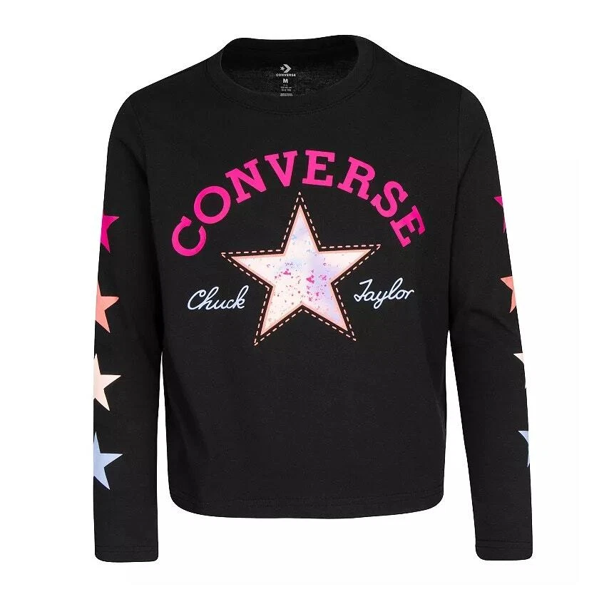 Converse Girls Black Multicolor Star Logo Long Sleeve Graphic Tee Medium 10/12 - Image 1 of 4